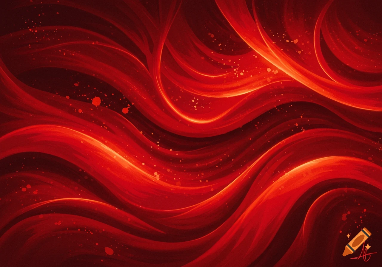 Vibrant red and orange abstract background with glowing, flowing waves and scattered luminous speckles.