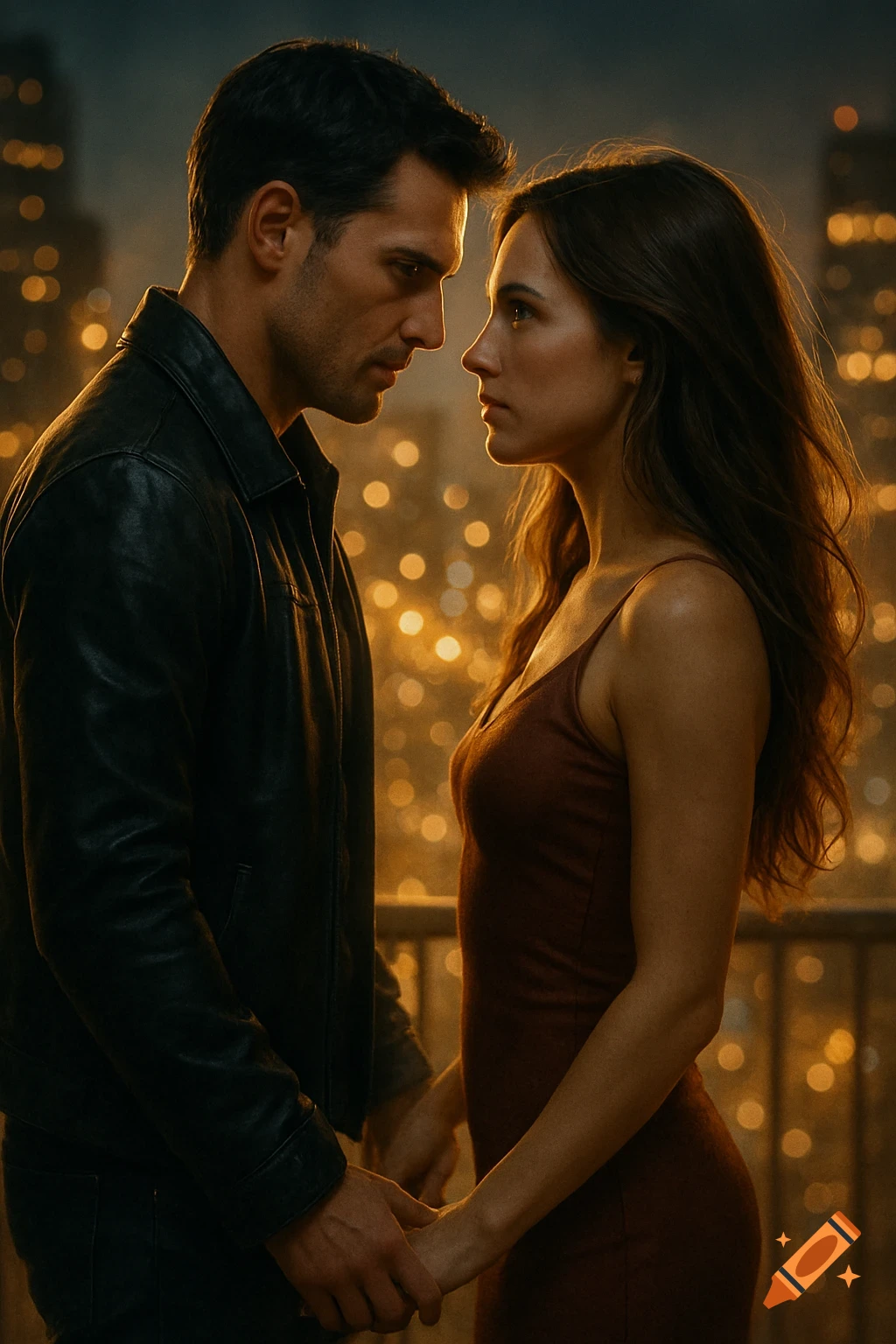 A photorealistic image of a man and a woman gazing intently at each other, holding hands on a city rooftop at night with bokeh lights.