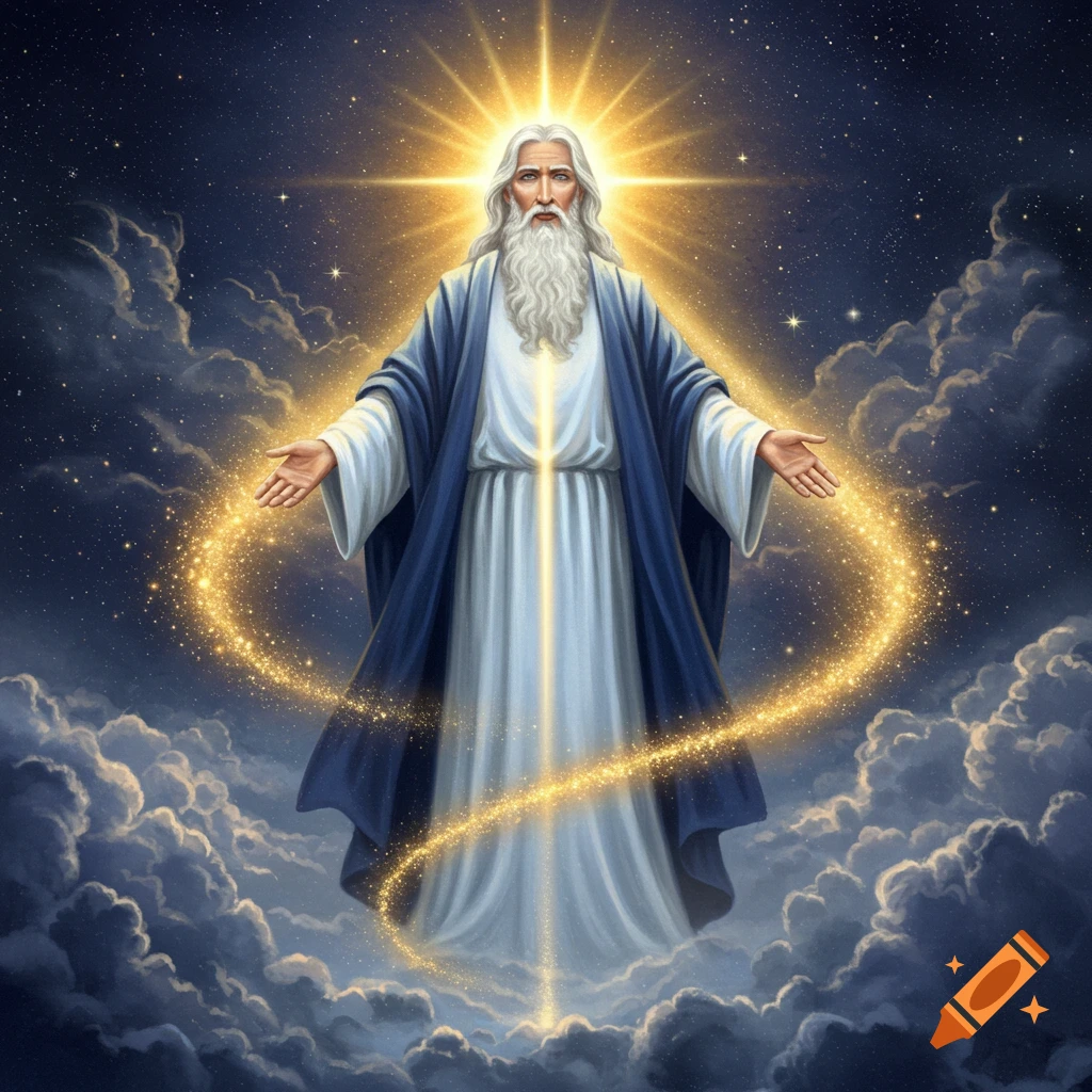 A majestic, bearded figure in white and blue robes floats in a starry sky, surrounded by golden light and sparkling dust.