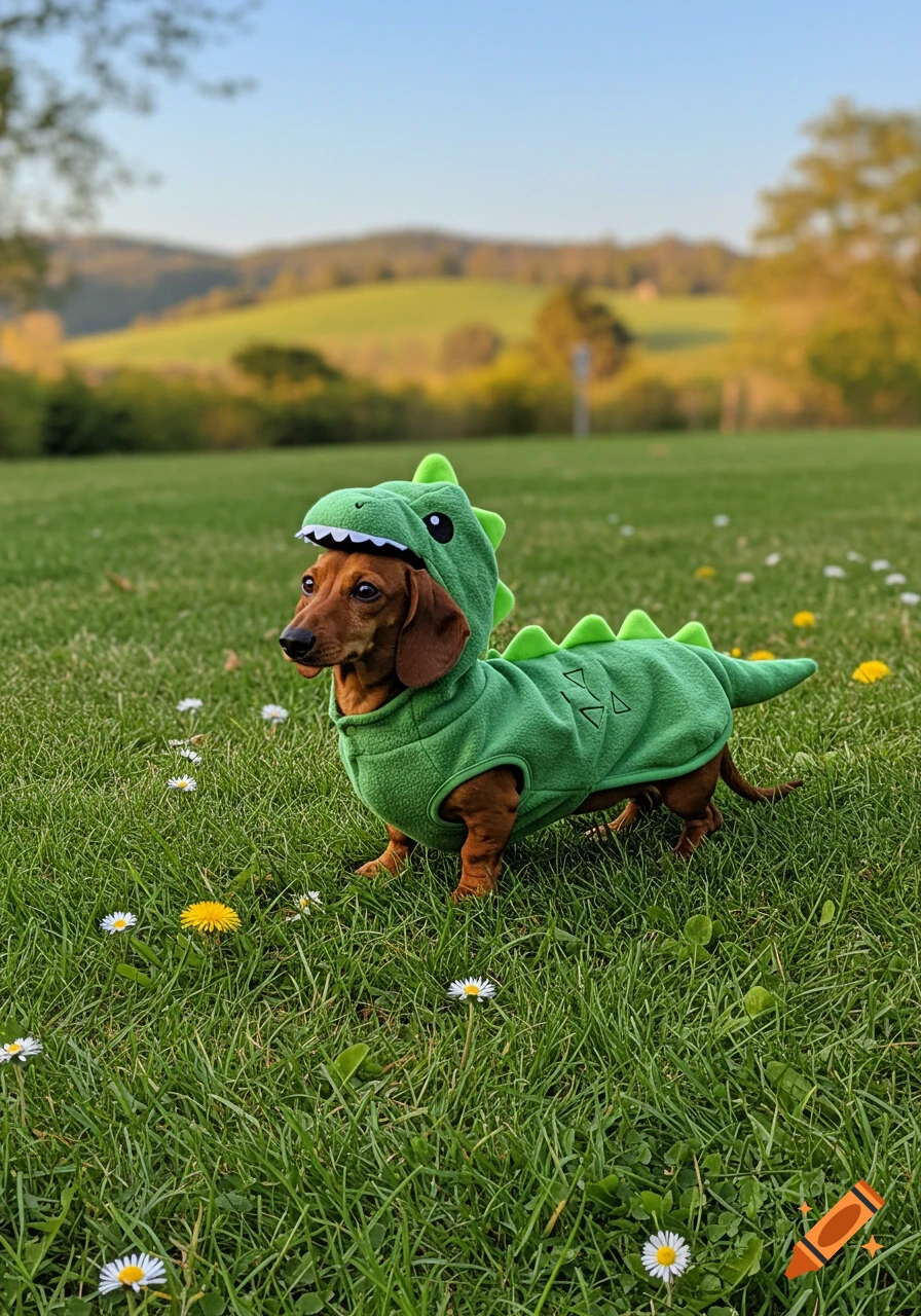 A brown dachshund wearing a green dinosaur costume stands in a grassy field with daisies and dandelions.