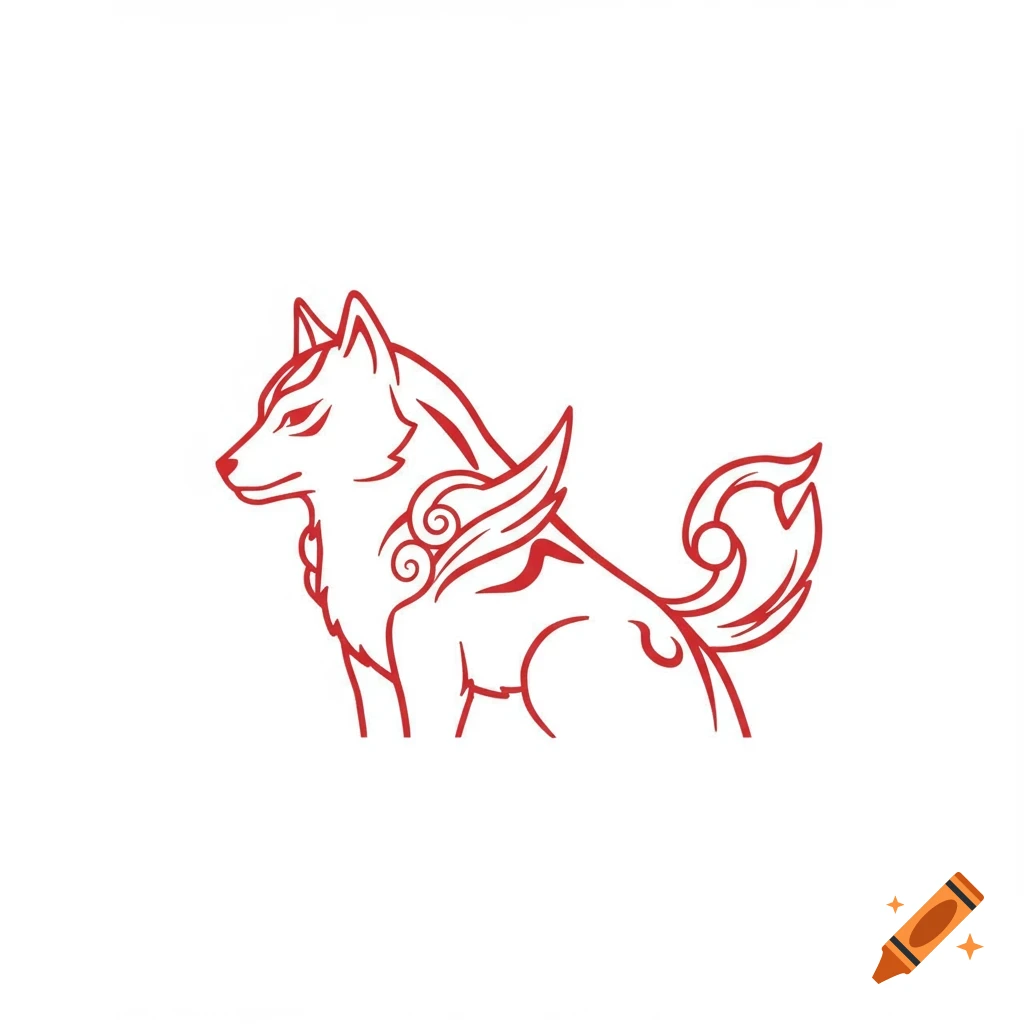 Red outline emblem of a stylized wolf, Amaterasu from Okami, with divine markings on a white background.
