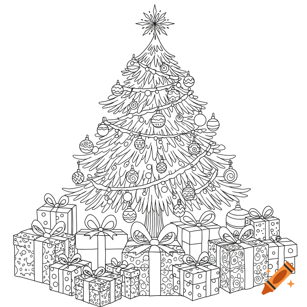 Black and white line art coloring page of a decorated Christmas tree surrounded by numerous wrapped presents.