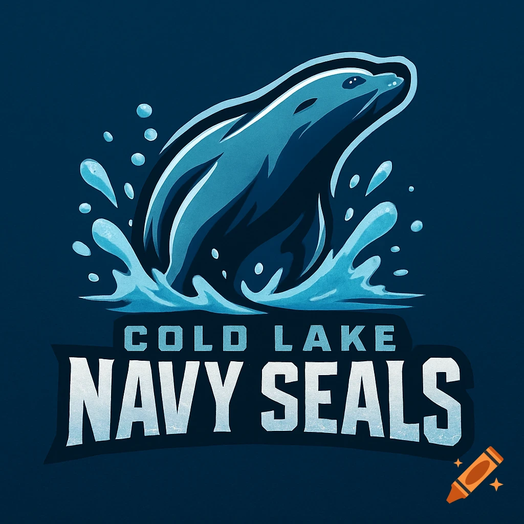 Stylized blue seal mascot logo jumping from water with text 'COLD LAKE NAVY SEALS' on a dark blue background.