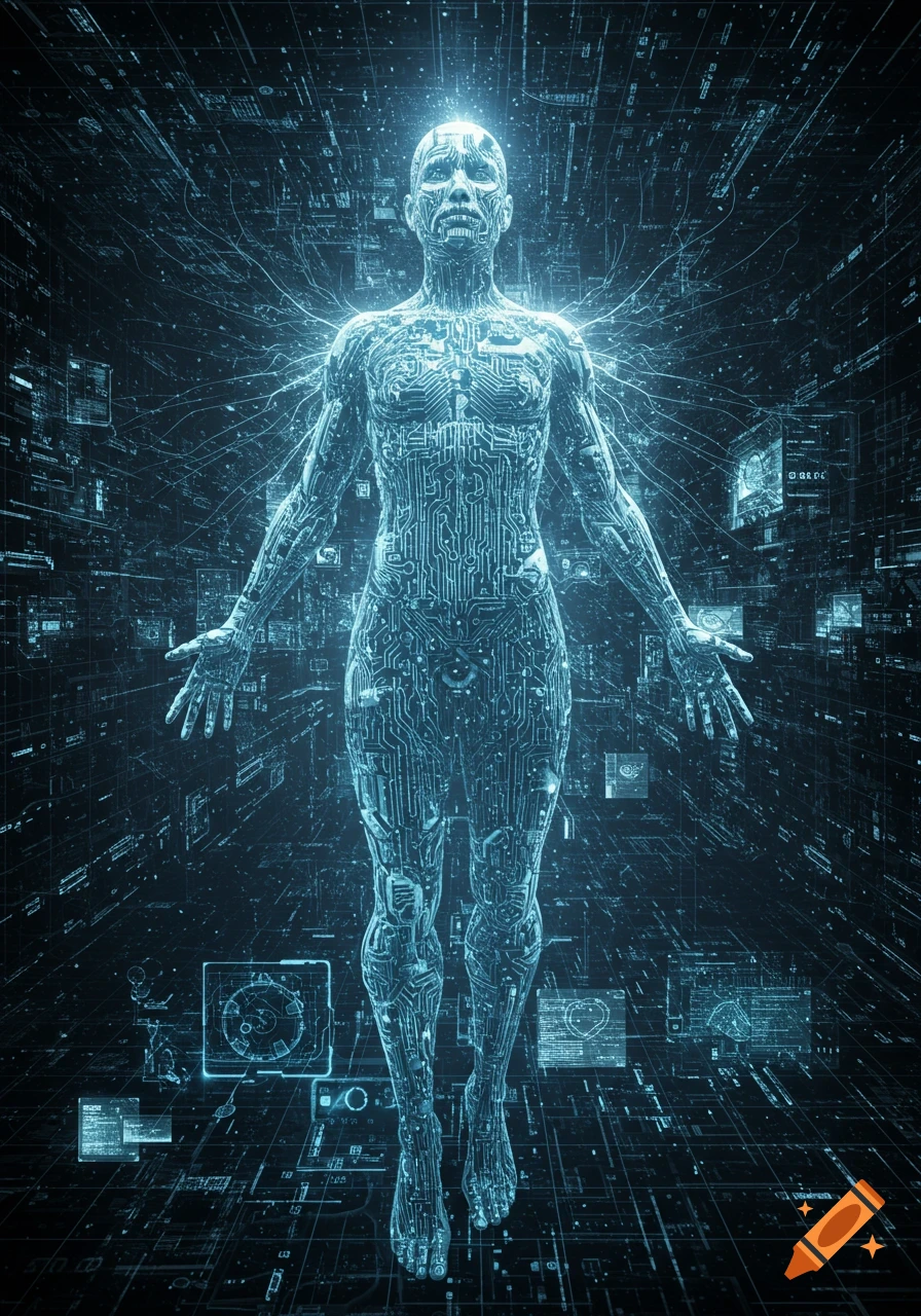 A glowing, human-like figure made of intricate circuit board patterns floats in a dark, futuristic digital space with glowing screens.