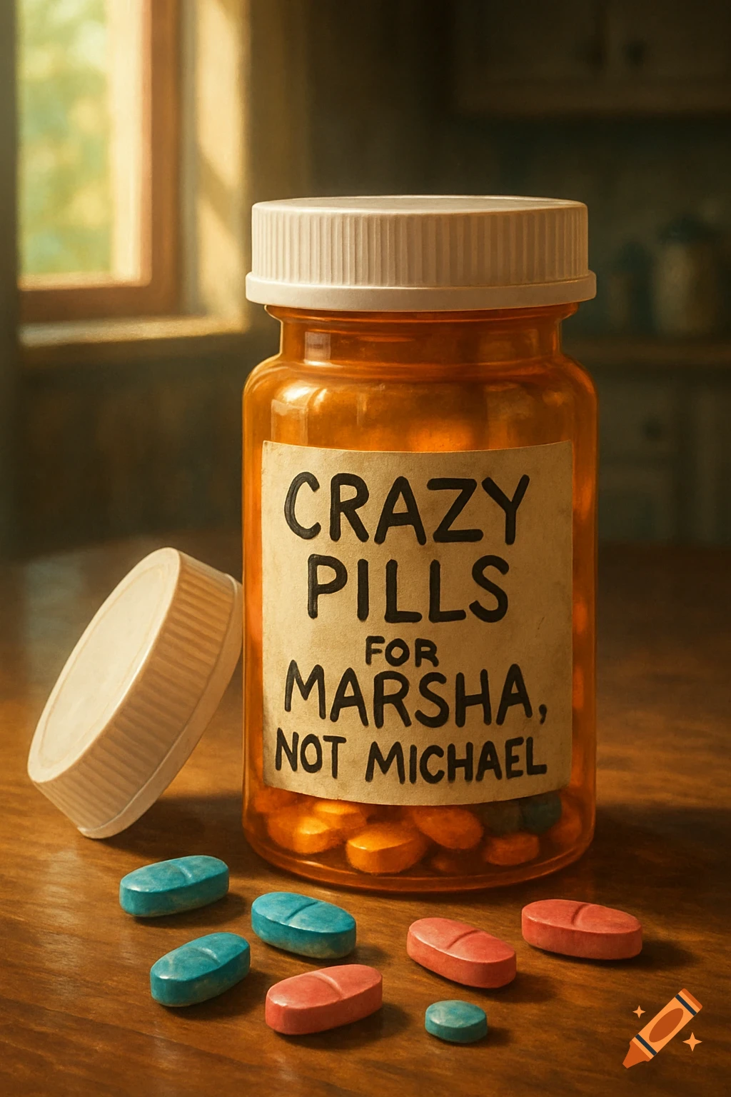 An amber prescription bottle labeled "CRAZY PILLS FOR MARSHA, NOT MICHAEL" stands on a wooden table with blue and red pills scattered around it.