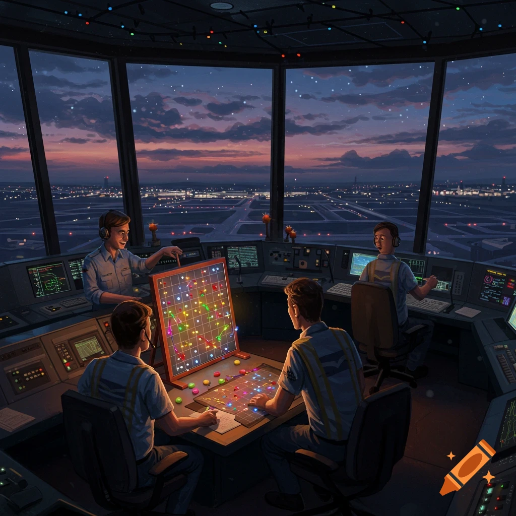Air traffic controllers play a Lite Brite game in a control tower overlooking an airport at dusk.