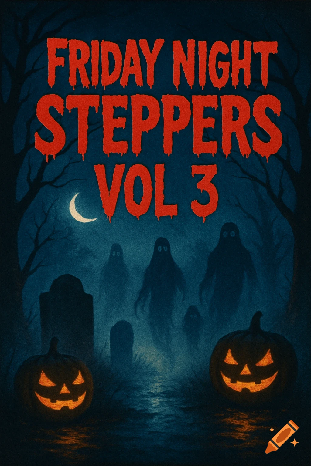 Spooky illustration of a graveyard at night with glowing jack-o'-lanterns, ghosts, a crescent moon, and the text "FRIDAY NIGHT STEPPERS VOL 3" in blood-red font.