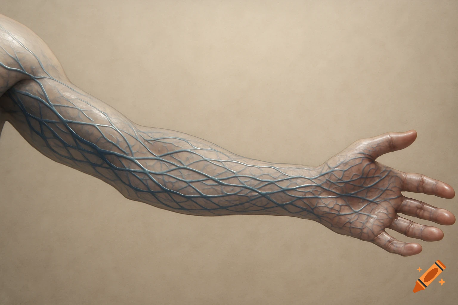 Detailed view of a human arm with prominent blue veins visible under the skin against a beige background.
