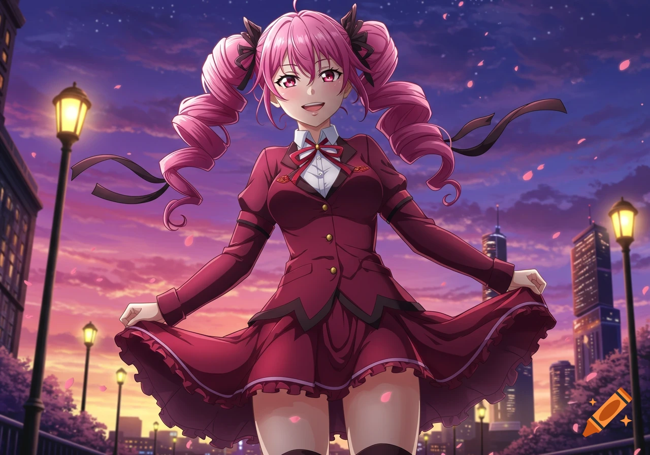 Smiling anime girl with pink curly pigtails and red uniform dress posing on a city street at sunset with falling petals.