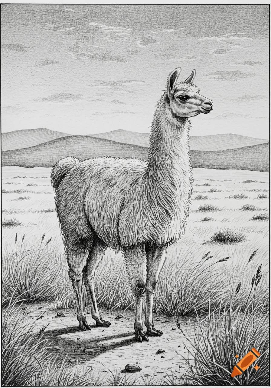 A detailed black and white pencil drawing of a llama standing in a grassy field with hills in the background.