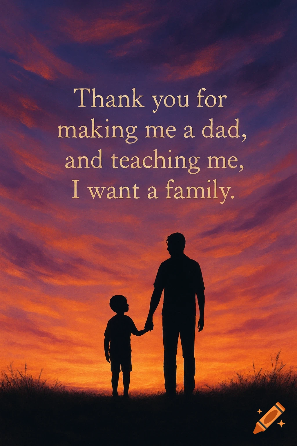 Silhouette of a father and son holding hands against a vibrant sunset sky, with a heartwarming quote about family.