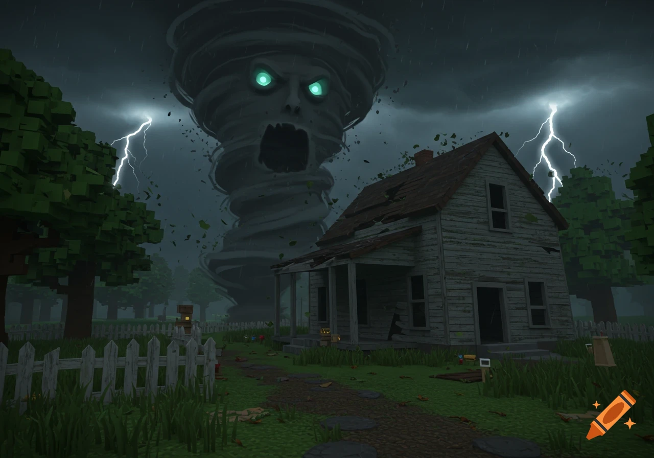 A blocky, Roblox-style image of a scary-faced tornado with glowing eyes attacking a dilapidated house during a stormy night.