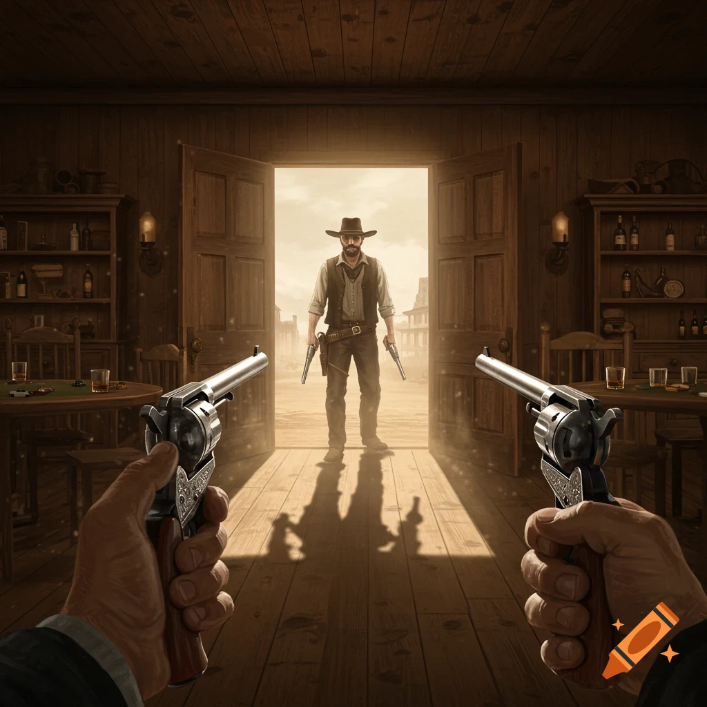 First-person view of two hands holding revolvers, aiming at a cowboy gunslinger standing in a saloon doorway.