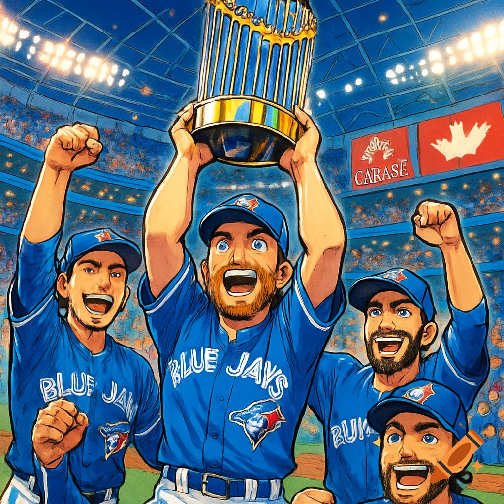 Anime style illustration of Toronto Blue Jays players celebrating a World Series win, one player holding the Commissioner's Trophy aloft in a stadium.