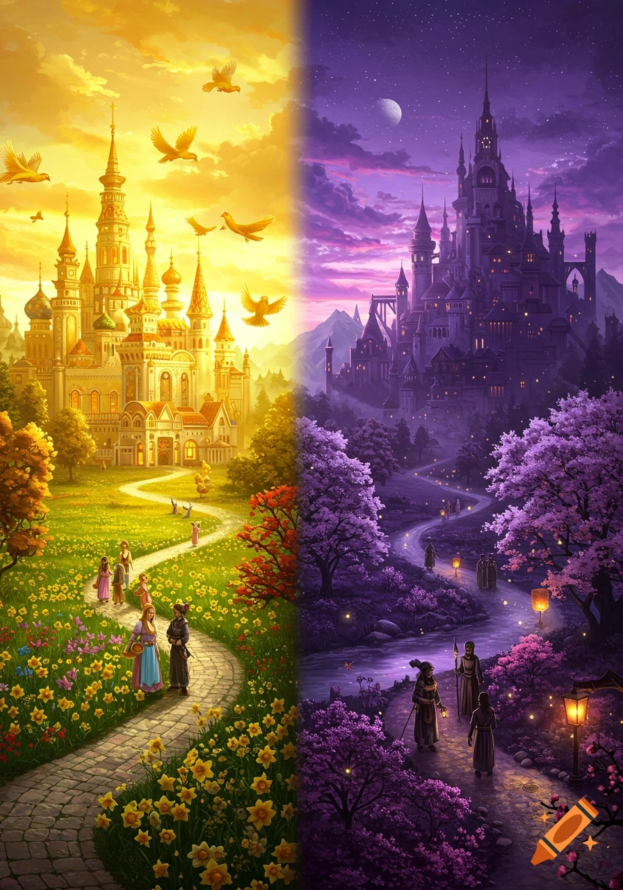 A fantasy split landscape with a golden kingdom under a yellow sky and a purple kingdom under a starry night.