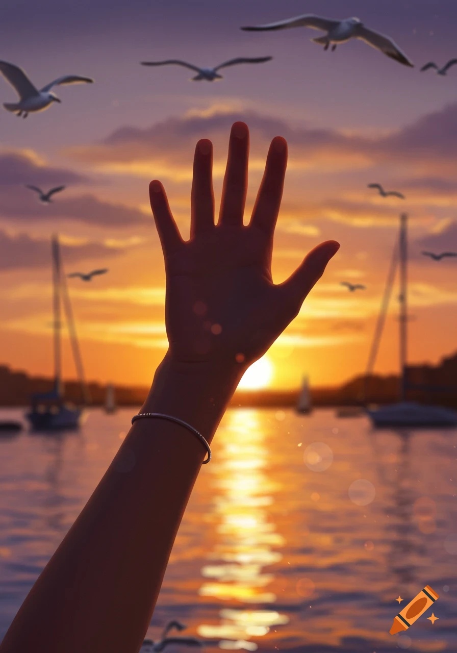 A silhouetted hand raised against a vibrant sunset over water, with sailboats and flying seagulls in a digital illustration.