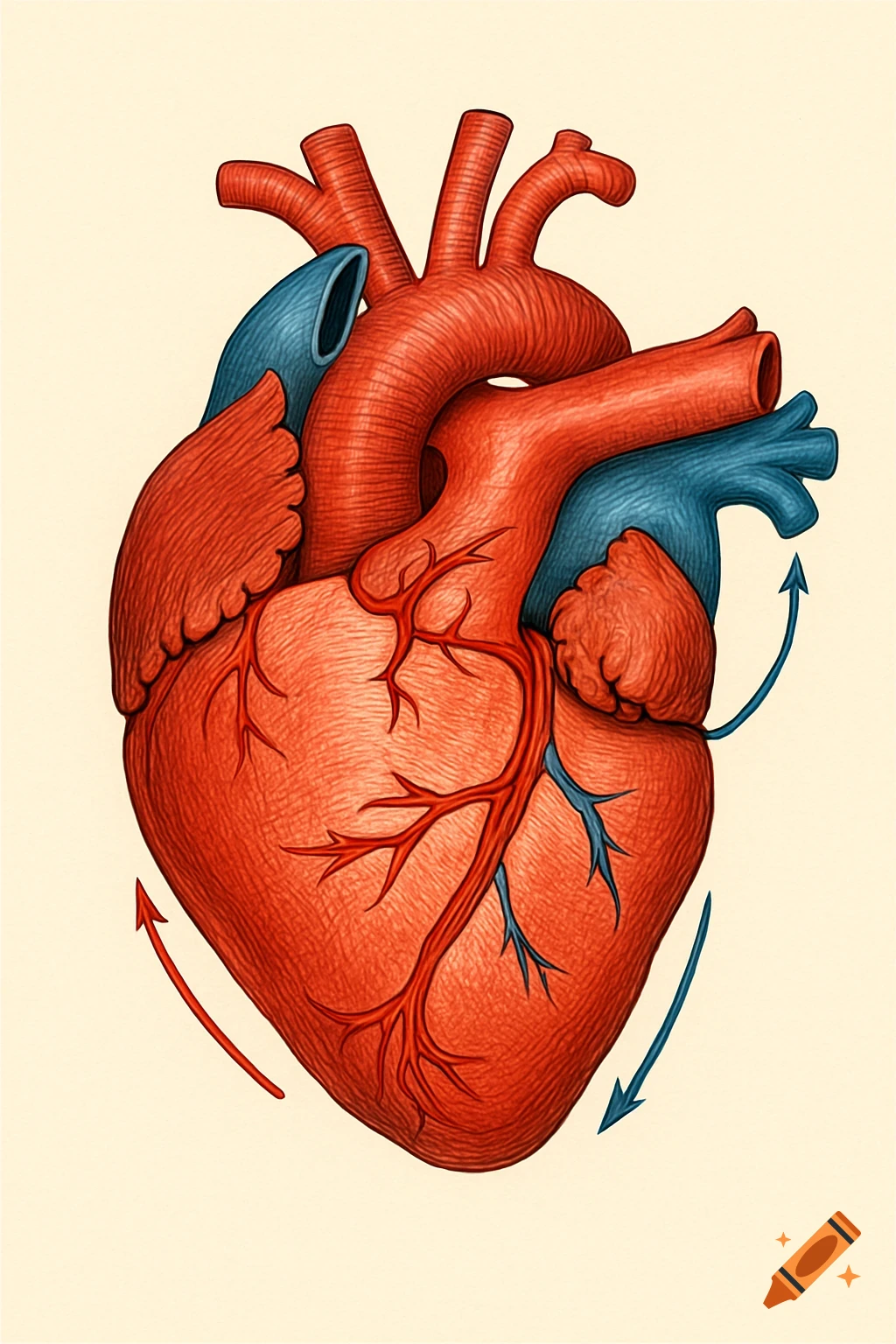 Detailed anatomical illustration of a human heart, showing red arteries and blue veins, with arrows indicating blood flow.