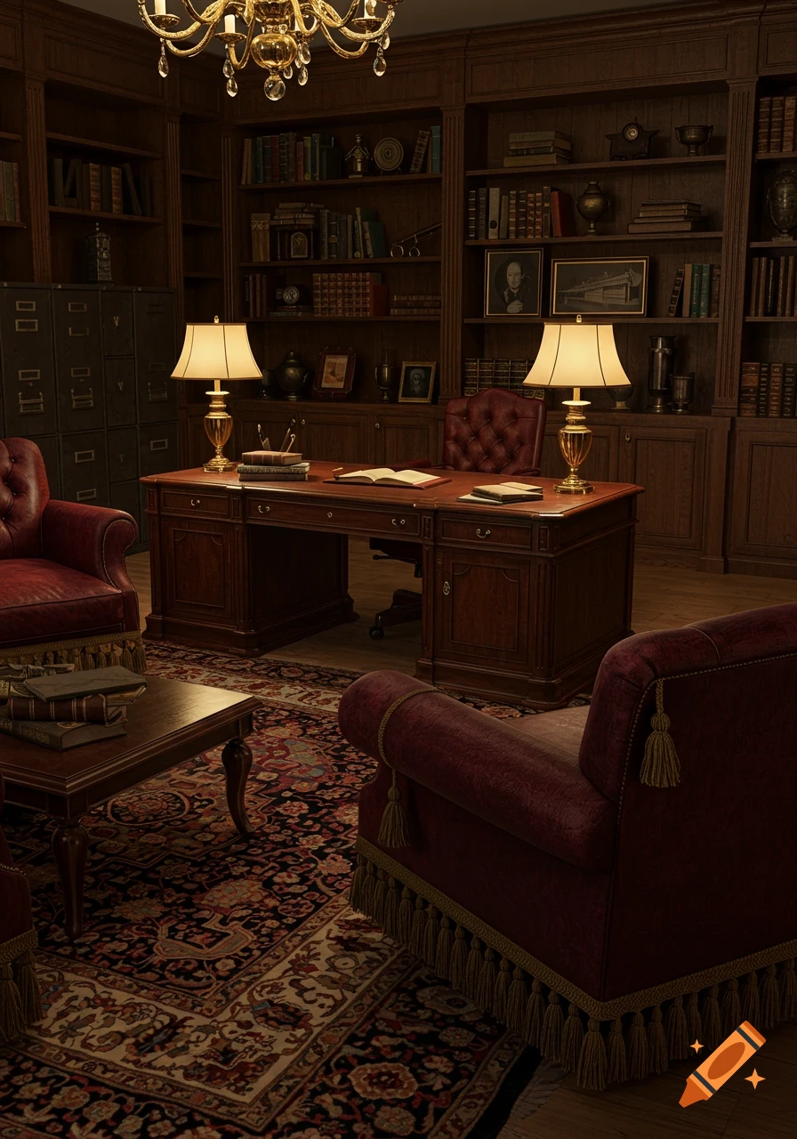 A luxurious traditional study with a dark wood desk, red leather armchairs, built-in bookshelves filled with books, and a chandelier.