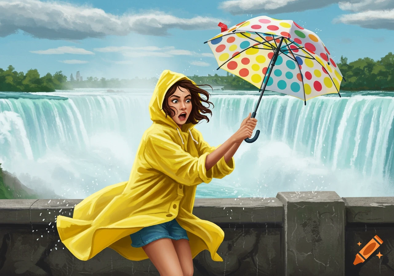 A surprised brunette in a yellow raincoat struggles with a polka-dot umbrella flipped inside out by strong winds in front of Niagara Falls, illustrated.