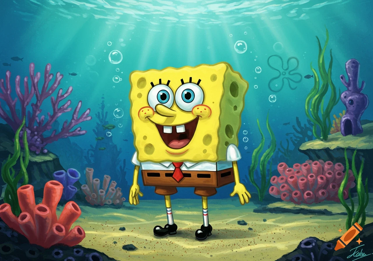 A colorful cartoon illustration of Spongebob Squarepants standing on the sandy ocean floor surrounded by coral and seaweed.