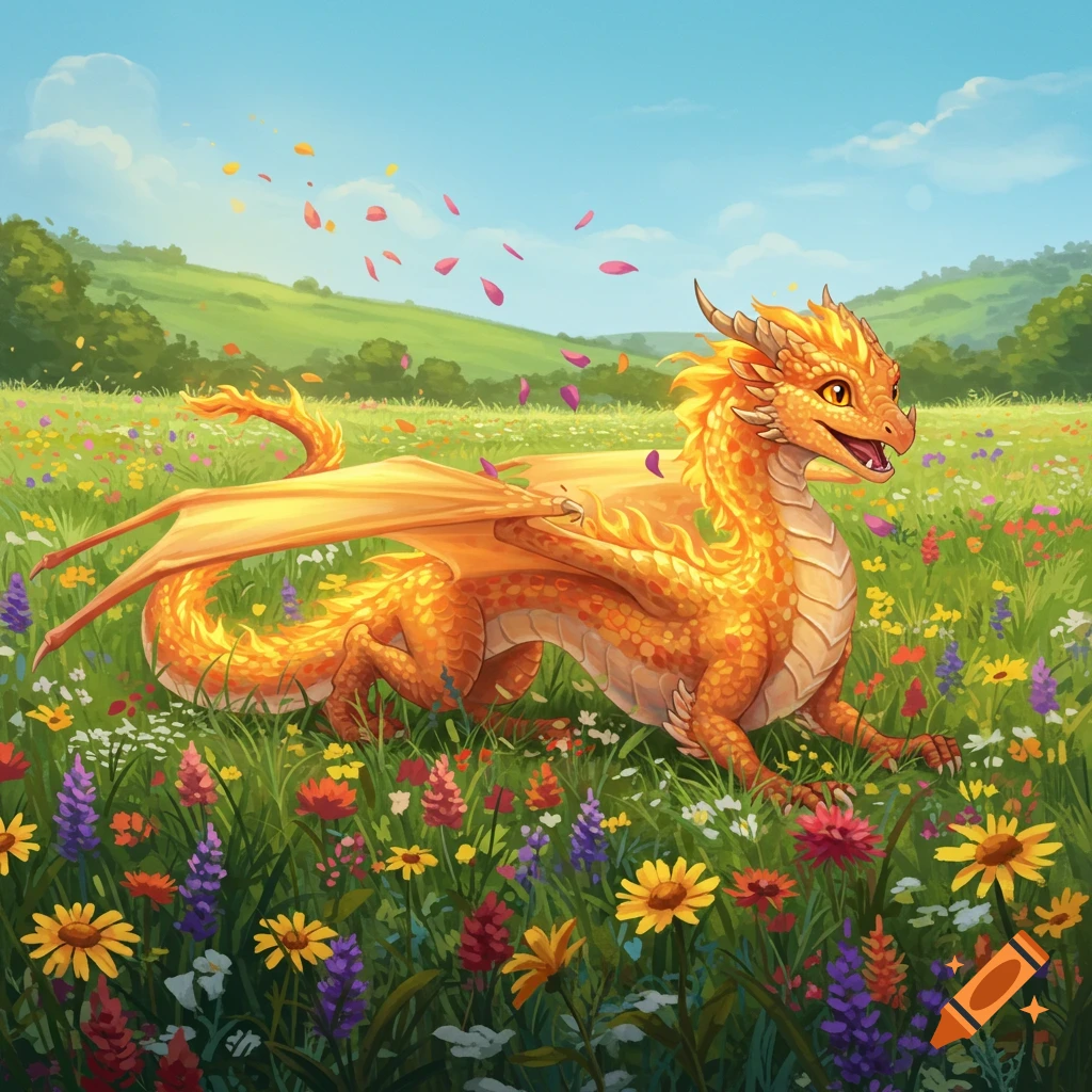 A happy, golden fire dragon with scales like fire, rolling and frolicking in a lush green meadow filled with colorful wildflowers, as petals drift in the air.