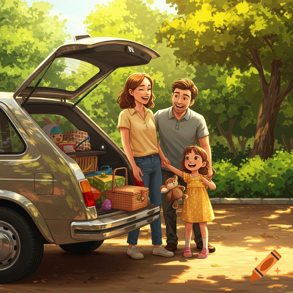 A happy family stands by their car, packed for a trip on a sunny day. The smiling daughter holds a stuffed animal.