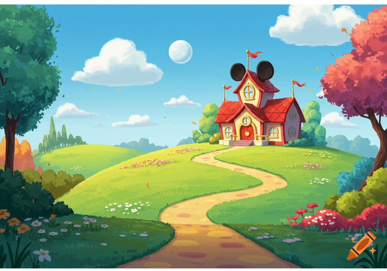 A vibrant cartoon house with Mickey Mouse ears on a grassy hill, a winding path, under a blue sky with clouds and a moon.