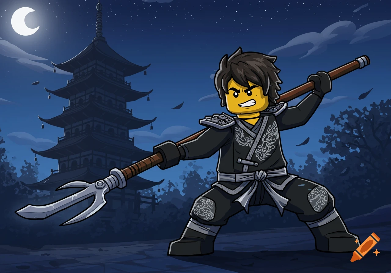 Cartoon Lego Ninjago character in black and silver gi with spear, in dynamic pose outside a pagoda under a night sky.
