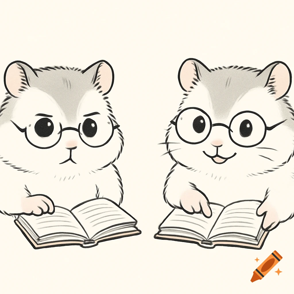 Two cute hamsters with glasses, one serious and one smiling, reading textbooks in a clean line art style with pastel shading.