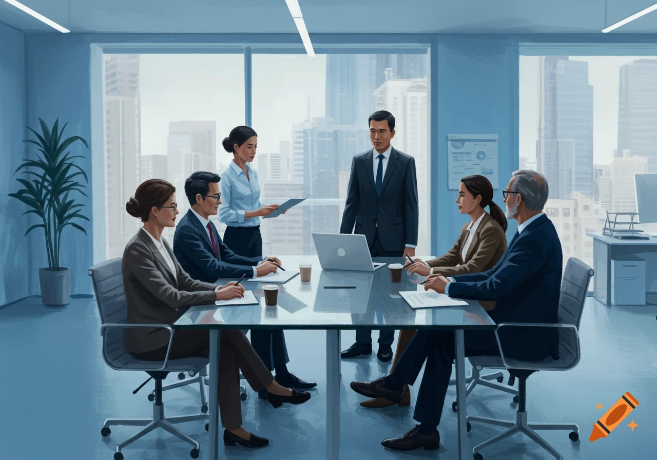 A group of diverse professionals in a modern, minimalist office holding a collaborative business meeting with city views, in a painterly style.