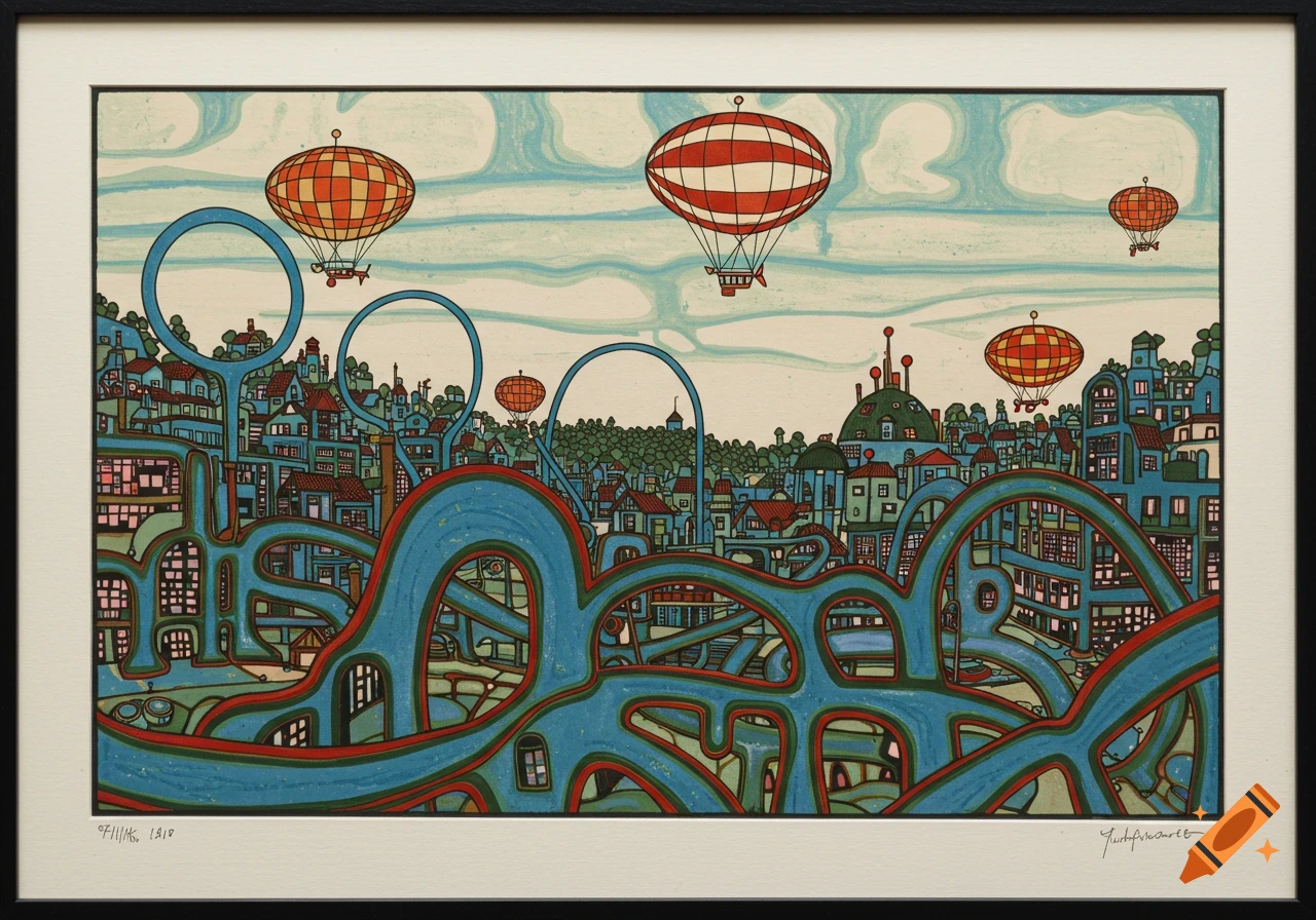 A colorful, intricate illustration in the style of Hundertwasser depicts a whimsical cityscape with winding blue structures and hot air balloons flying in a patterned sky.