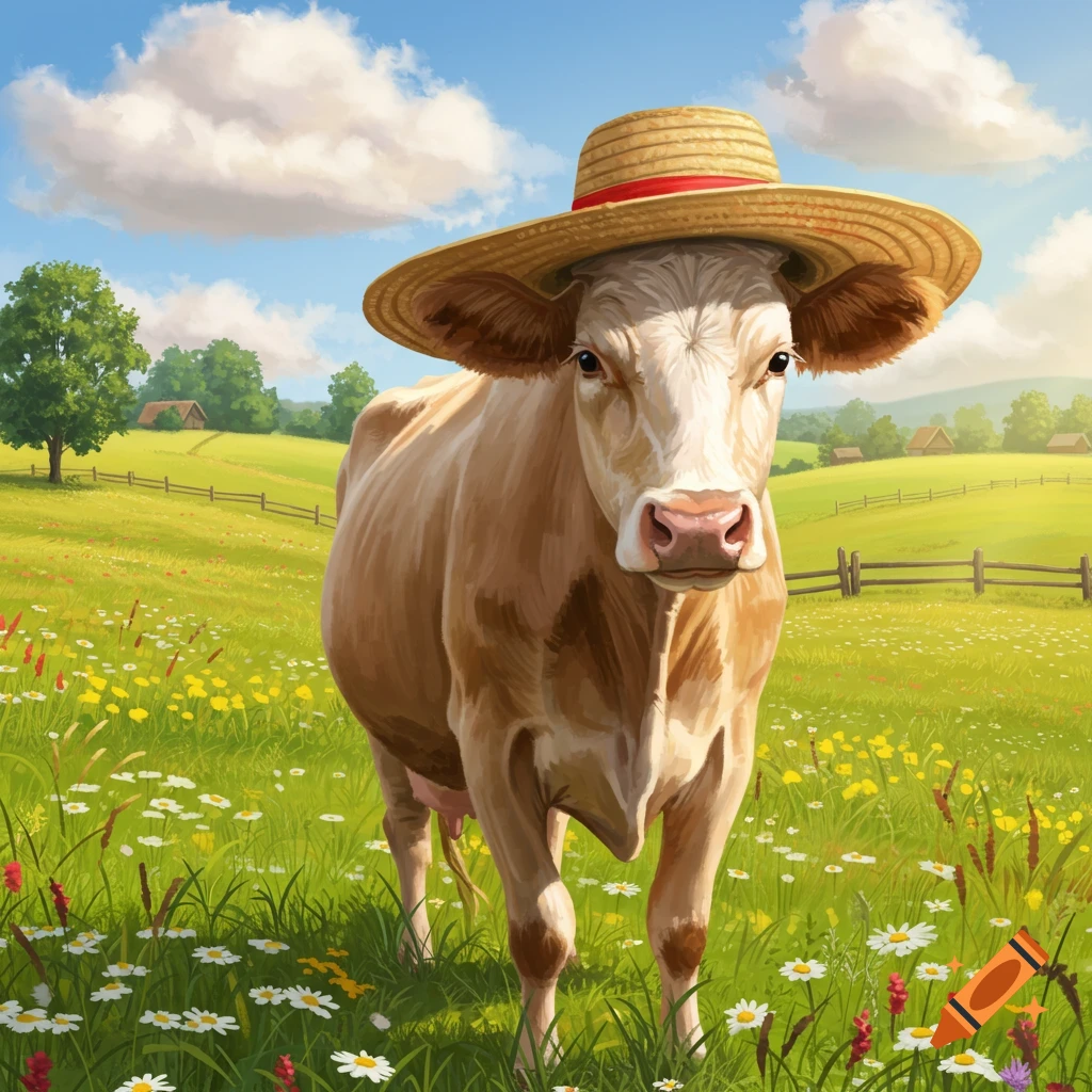 A light brown cow wearing a straw hat stands in a green field filled with wildflowers under a blue sky with white clouds.