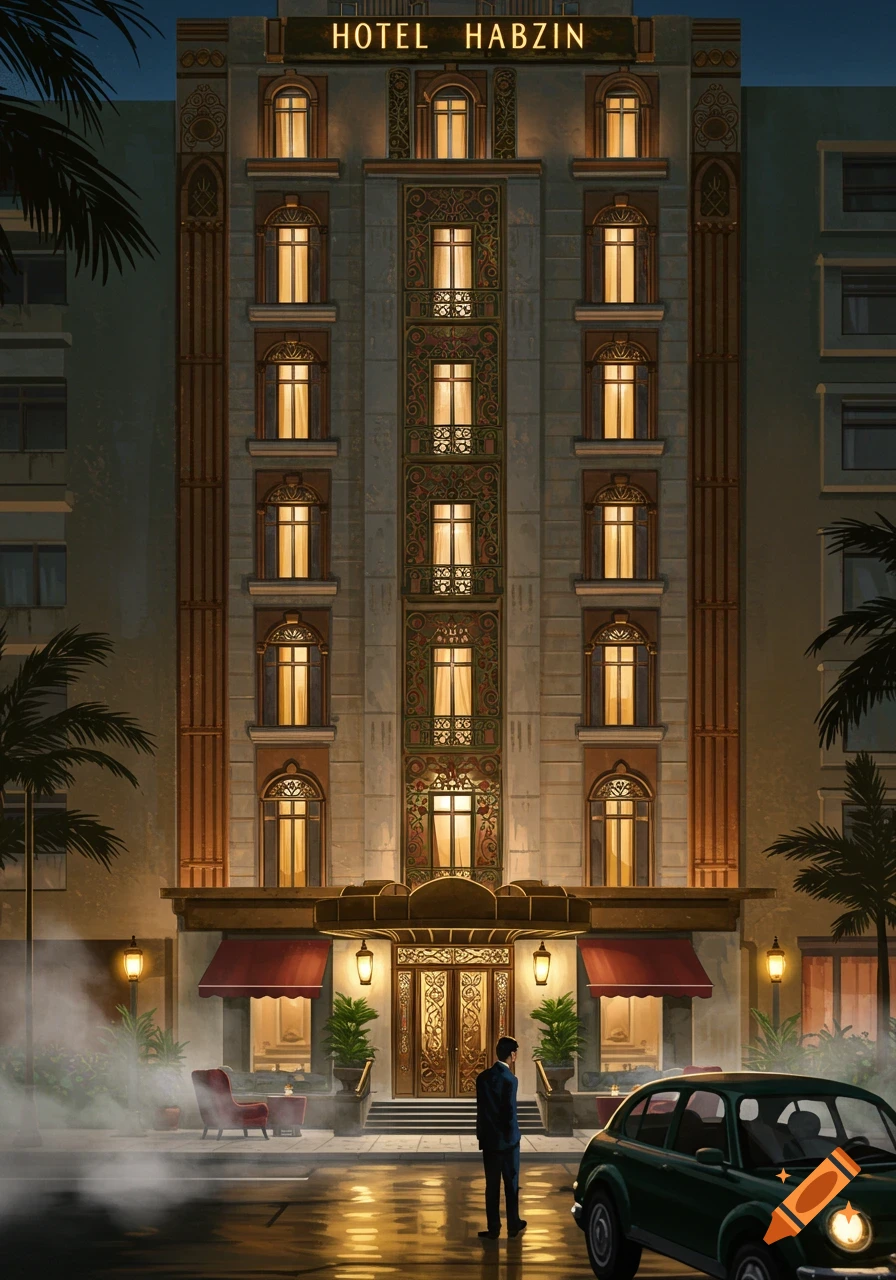 A man stands on a wet street outside a grand art deco hotel at night, with a dark car parked nearby.