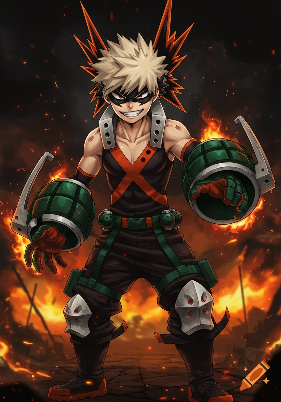 Anime illustration of Bakugo from My Hero Academia in his hero suit, surrounded by explosions and fire, looking determined.