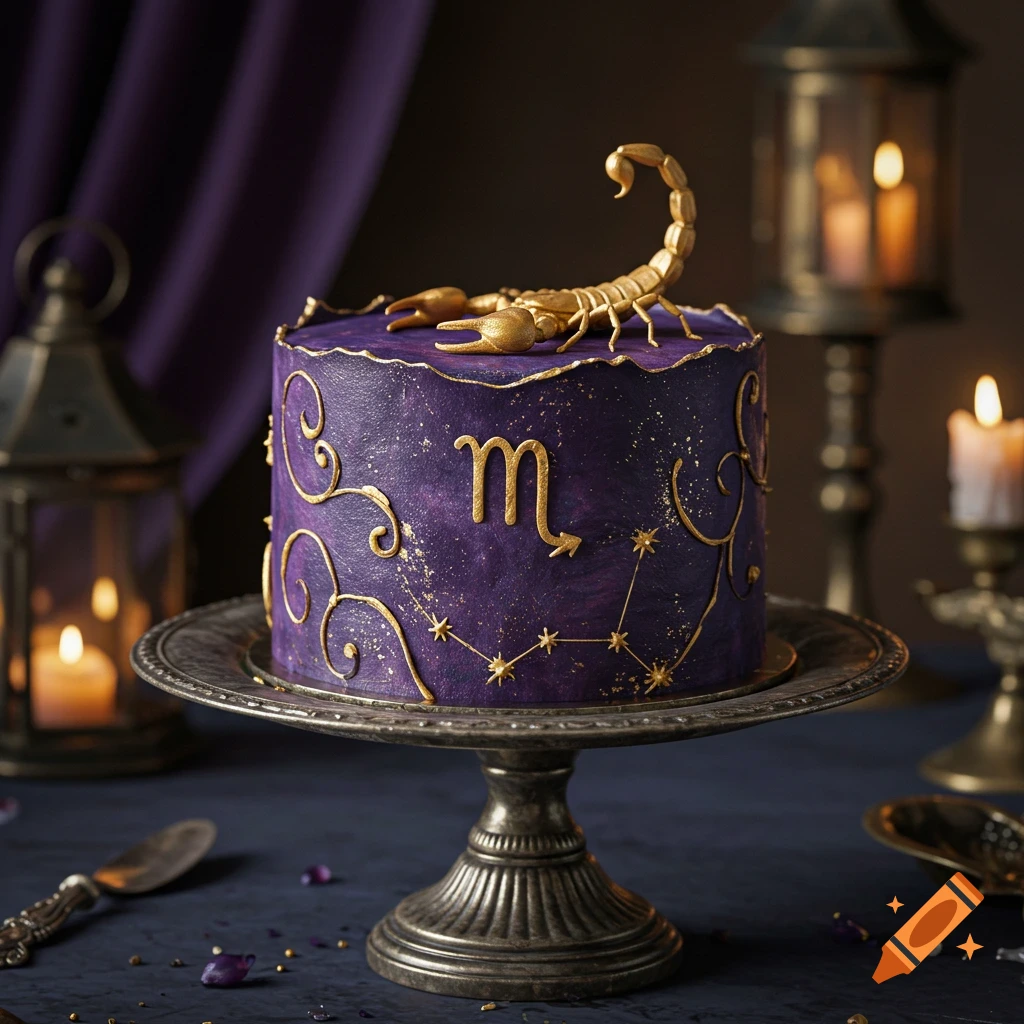 A luxurious purple Scorpio cake with a golden scorpion and zodiac symbol on a silver stand, surrounded by lit candles.