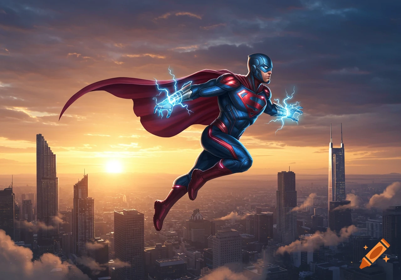 A muscular superhero in a blue and red suit with a red cape and glowing hands flies over a sprawling city at sunset.