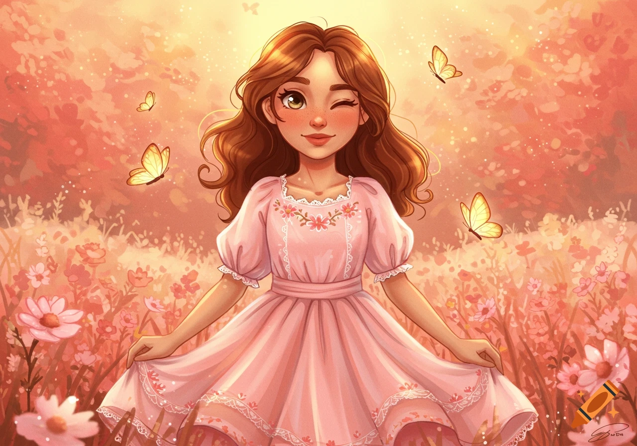An illustration of a girl with brown hair in a pink dress winking, surrounded by pink flowers and yellow butterflies in a sunlit field.