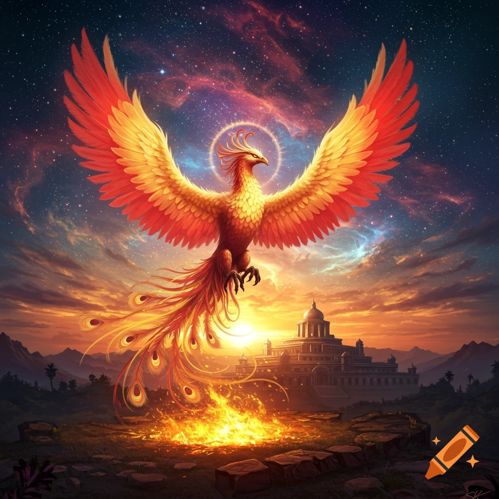 A radiant phoenix with fiery wings rises from golden flames above a temple at sunset, under a starry celestial sky.