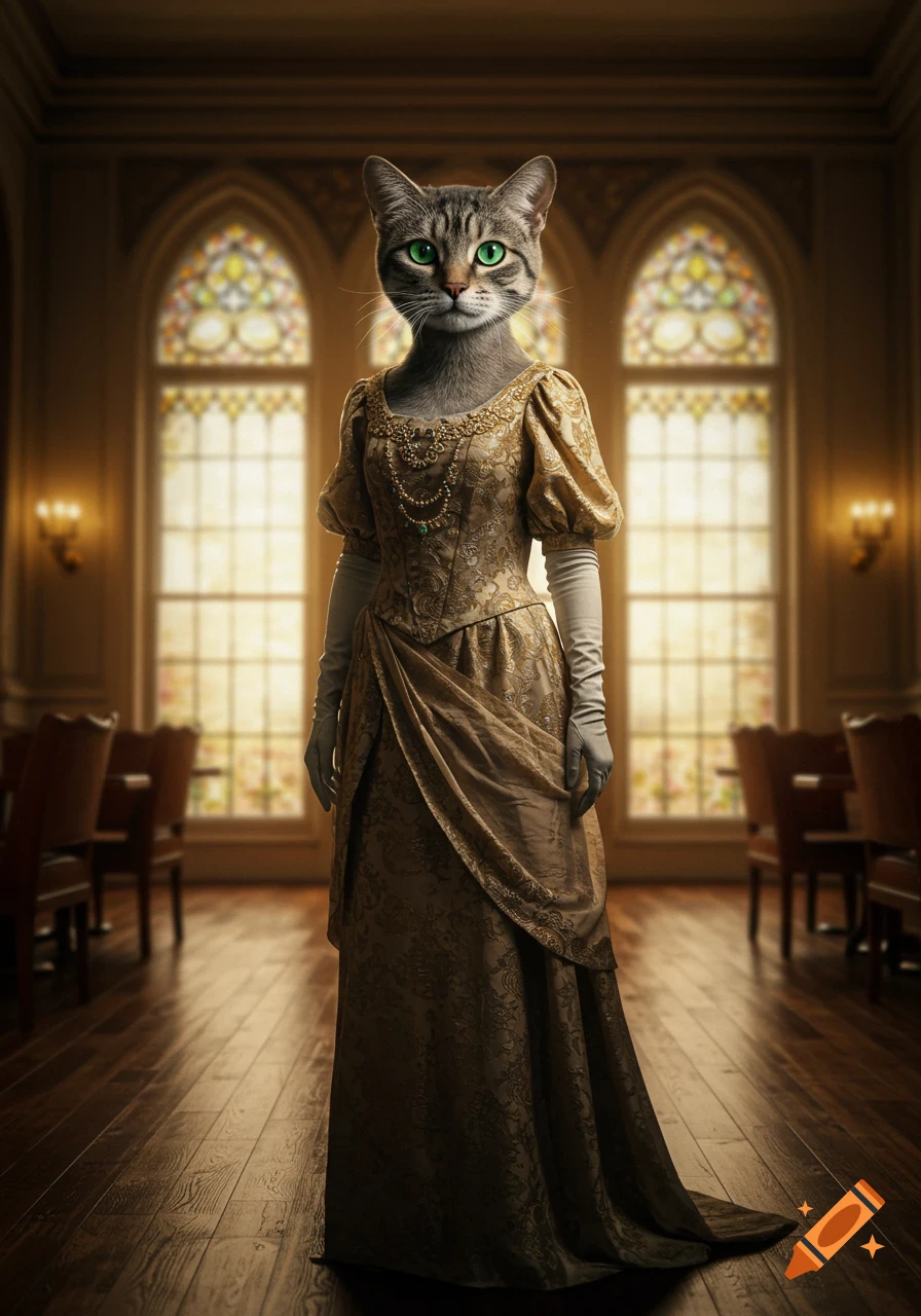 A photorealistic image of an anthropomorphic cat in a golden historical dress standing in an ornate hall with stained-glass windows.
