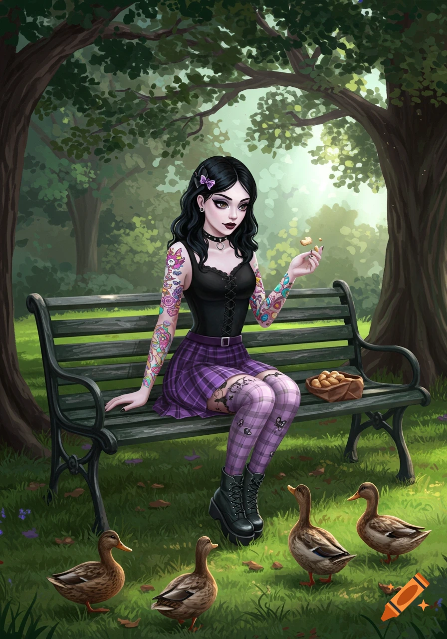 An illustrated goth girl with colorful tattoos sits on a park bench, feeding ducks.