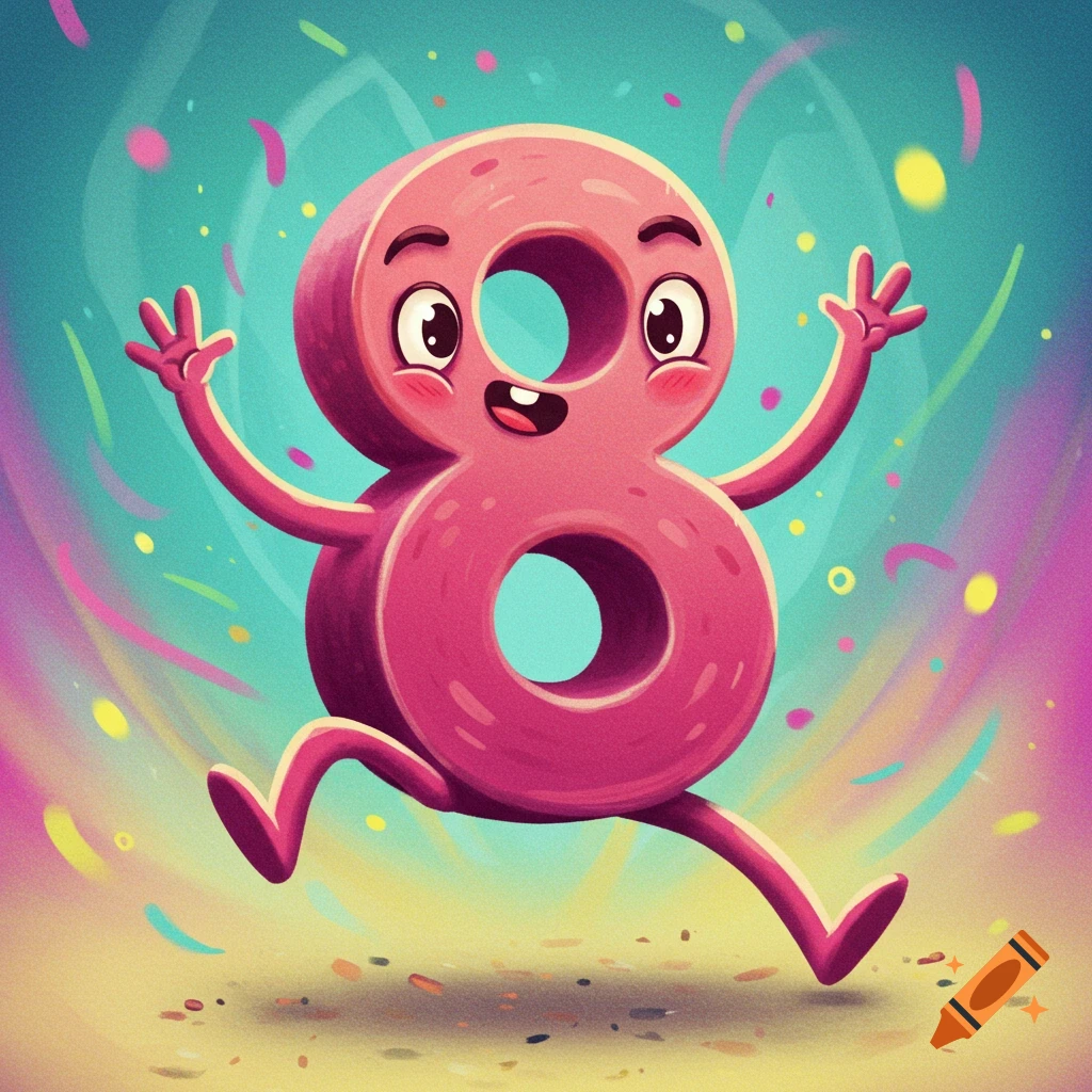 A cartoonish pink number 8 with a happy face, arms, and legs, jumping amongst colorful confetti on a sandy ground.