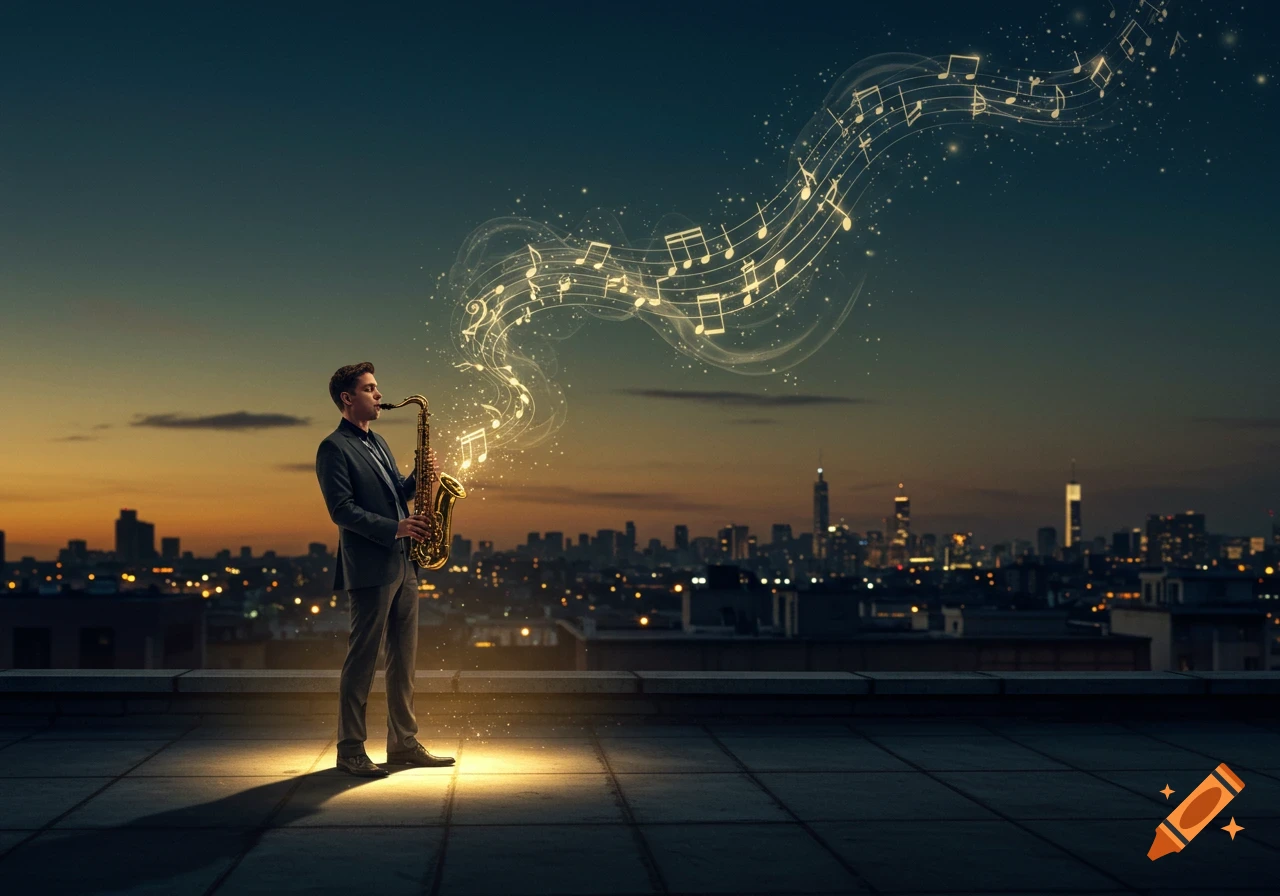 A man in a suit plays a glowing saxophone on a rooftop at sunset, with musical notes flowing over a city skyline.