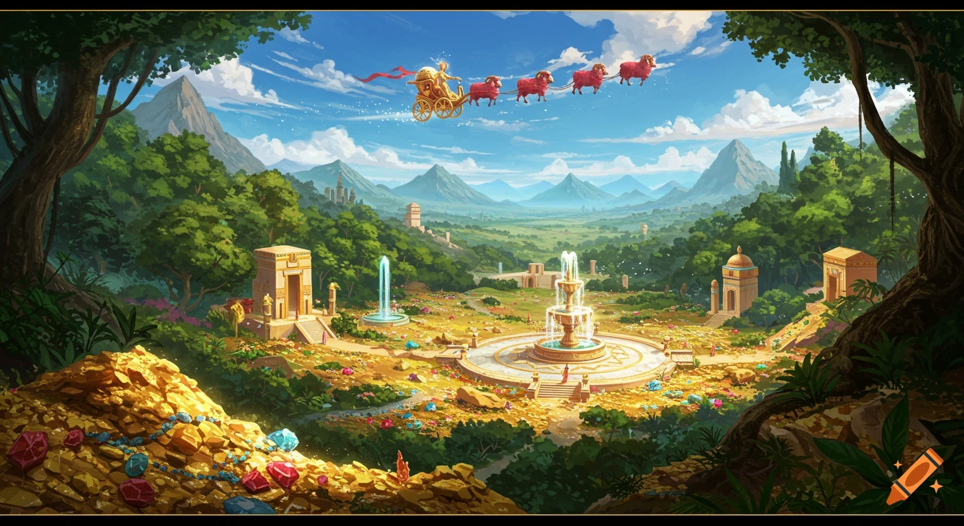 A vibrant fantasy landscape with a golden chariot pulled by flying red sheep in a blue sky. The ground is covered in gold and gems, with two fountains and ancient golden buildings nestled in lush green forests and mountains.