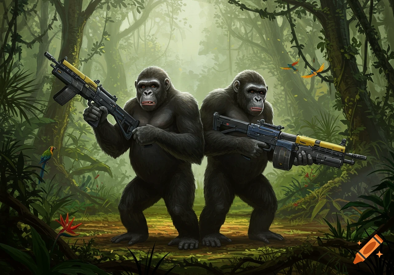 Two realistic gorillas stand in a lush jungle, each holding a detailed machine gun.