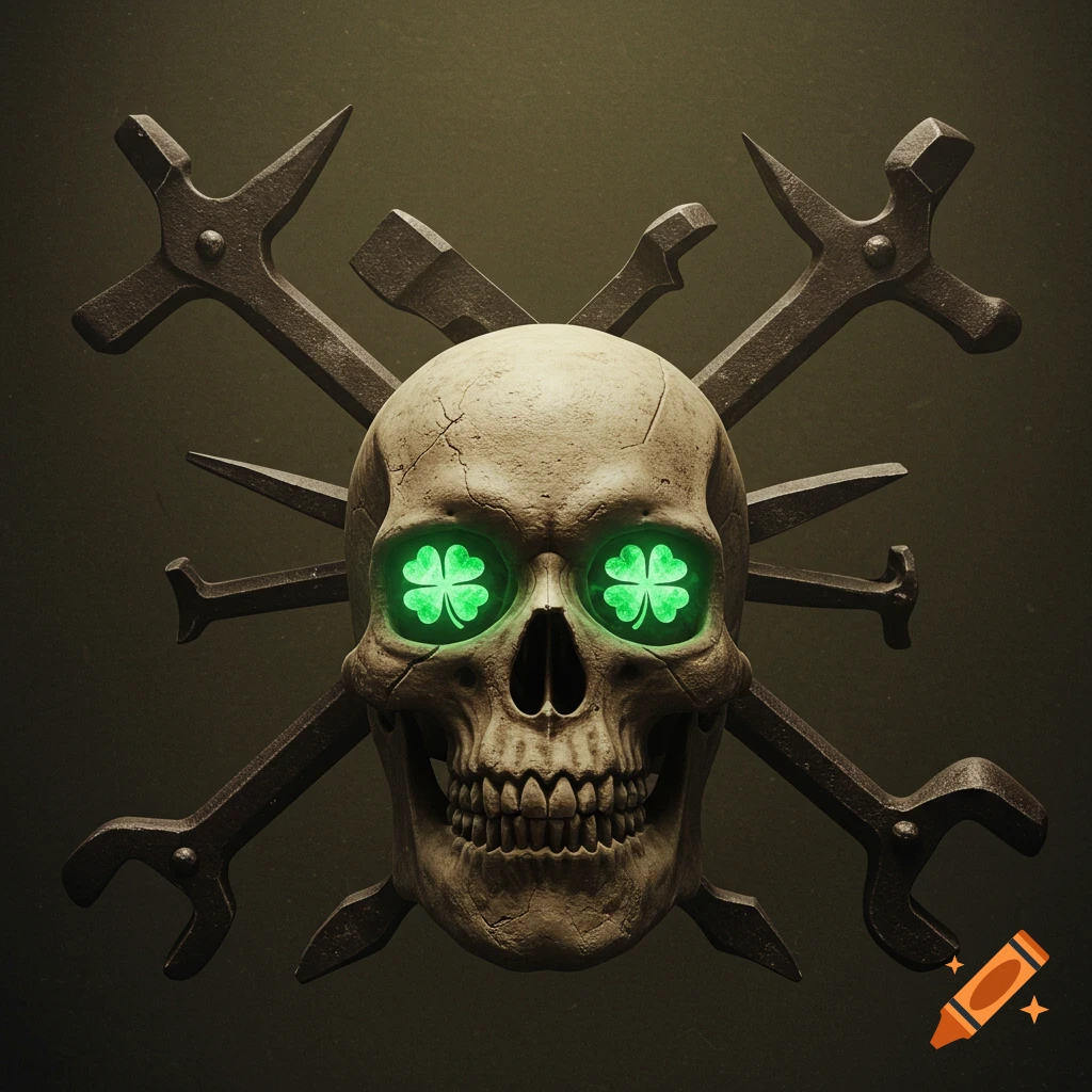 A gritty, cracked skull with glowing green shamrock eyes and crossed industrial tools behind it on a dark background.