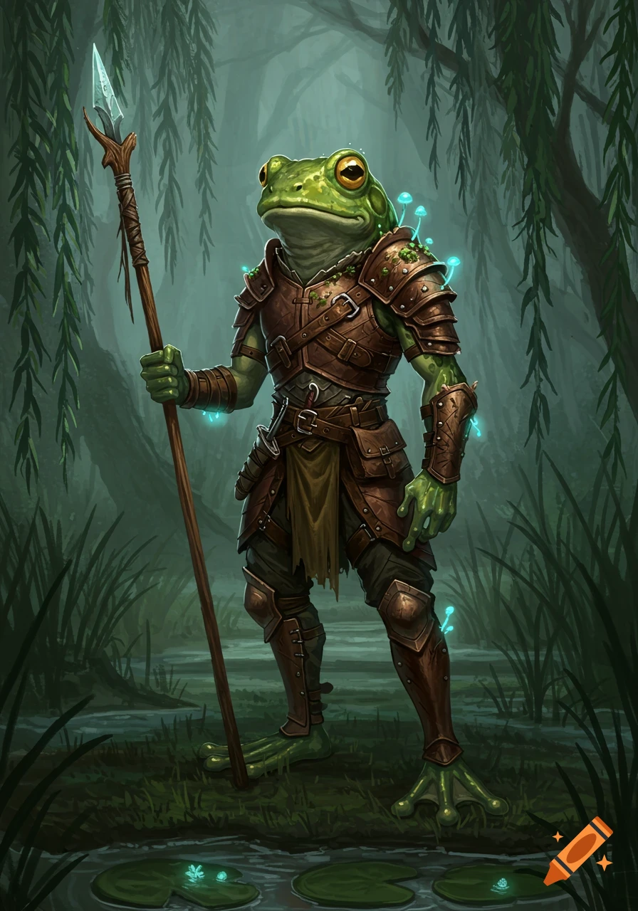 A fantasy frog humanoid warrior in intricate leather armor holds a spear in a misty swamp with glowing blue mushrooms and willow trees.