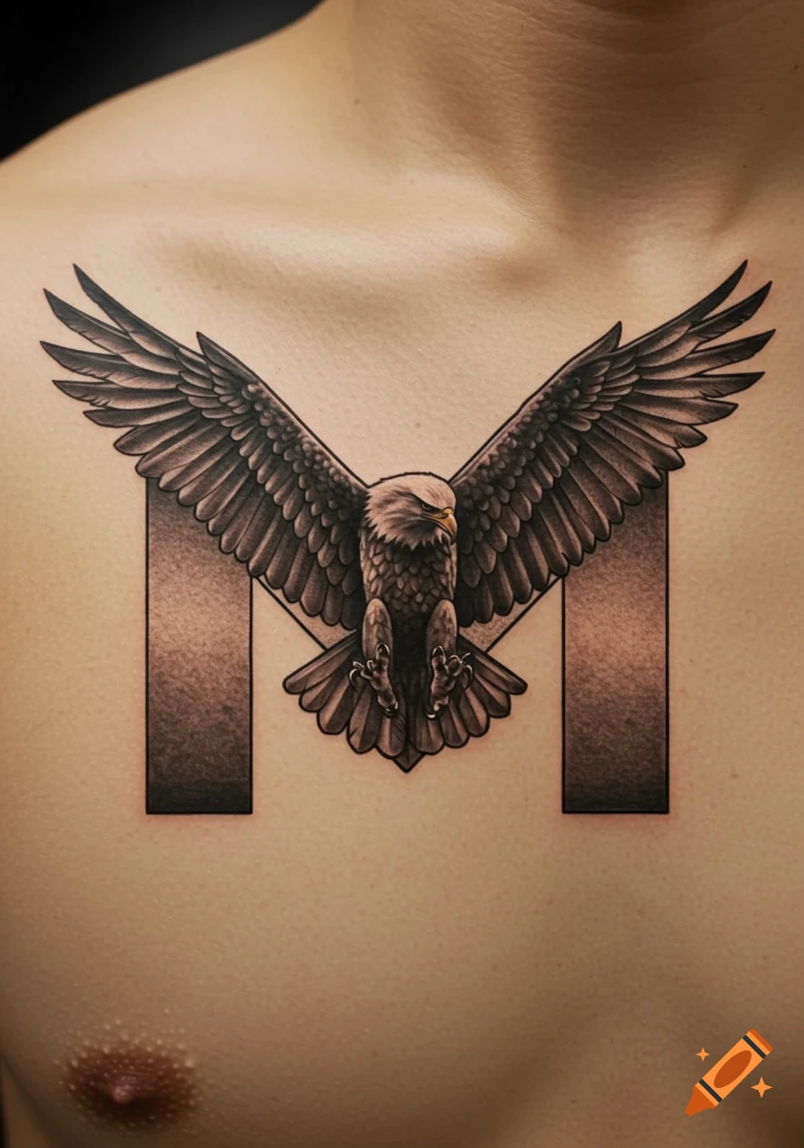 A detailed tattoo of an eagle with outstretched wings integrated into a stylized letter 'M' on a person's chest.