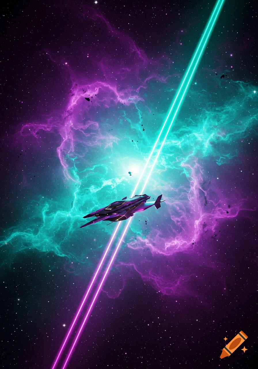 A vibrant sci-fi image of a futuristic purple spaceship flying through a nebula with intersecting cyan and magenta light beams.