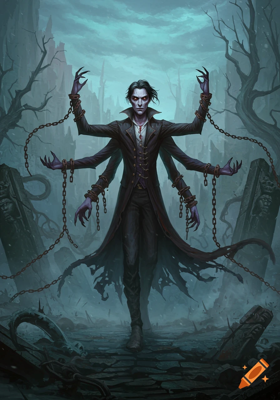 A pale, multi-armed man with red eyes and clawed hands, draped in chains and a dark coat, stands in a desolate, gothic graveyard.