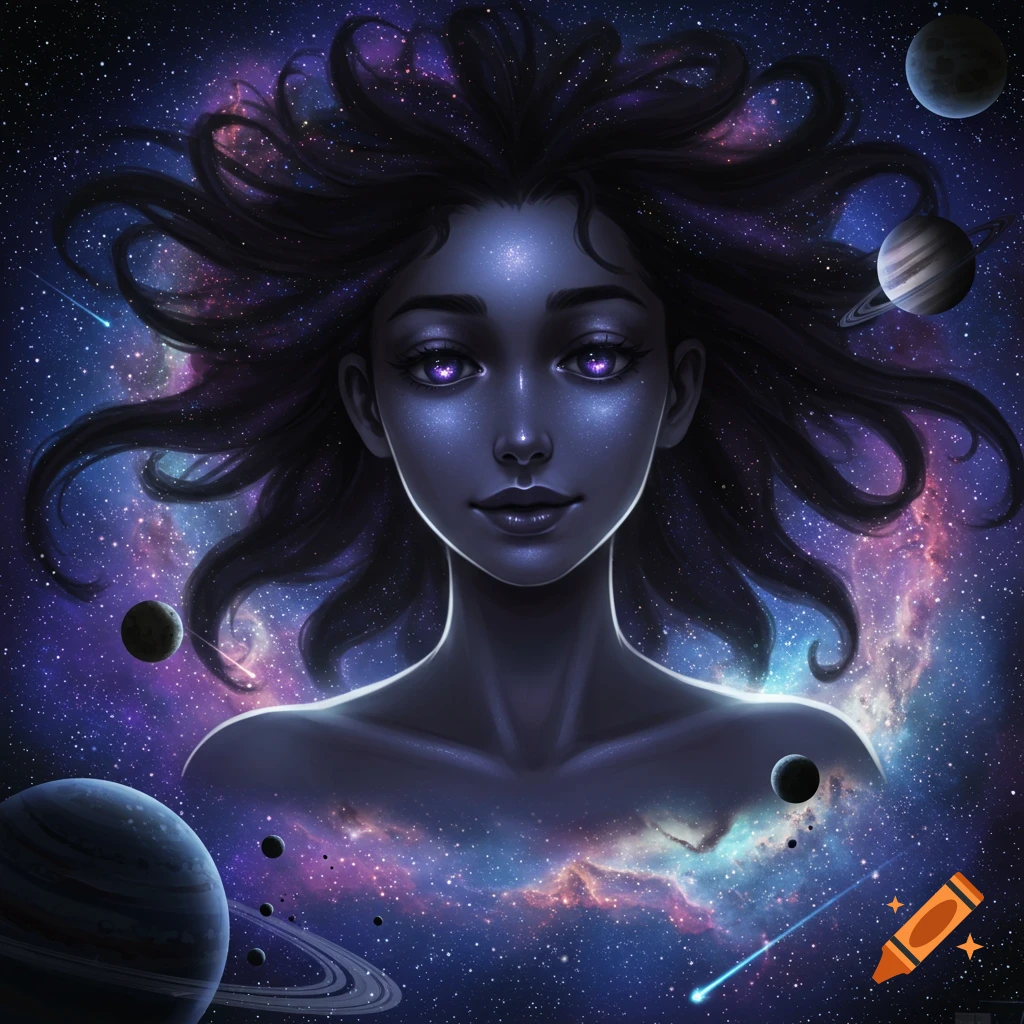 A stylized woman with dark, flowing hair and purple glowing eyes, her form integrated with a vibrant galaxy, surrounded by planets and stars.
